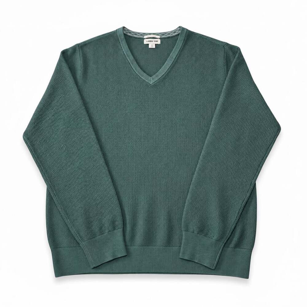 Lands’ End Men’s XL Green 100% Merino Wool V-Neck Textured Knit Sweater